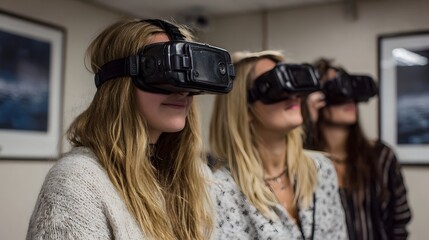 Three young women wearing virtual reality headsets engaged in an immersive digital experience