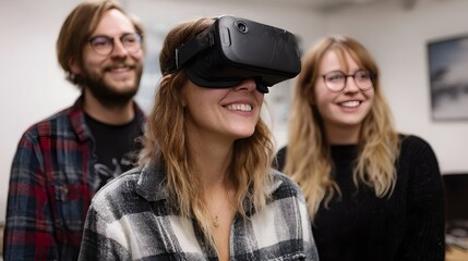 A group of smiling adults engages with an immersive virtual reality headset in a modern office
