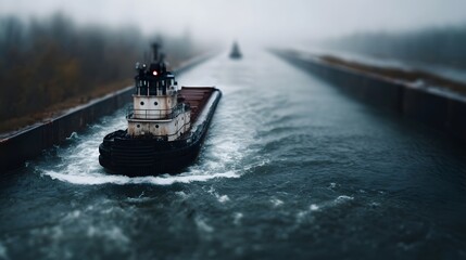 A tugboat pushes a large barge through a narrow industrial river channel under an overcast sky creating a wake in the choppy water
