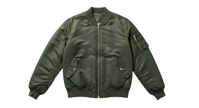 Olive-green bomber jacket. Zippered sleeve pocket on left arm