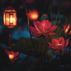 Lotus flowers with glowing red lanterns, romantic festive mood