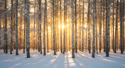 sunset in the forest winter snow