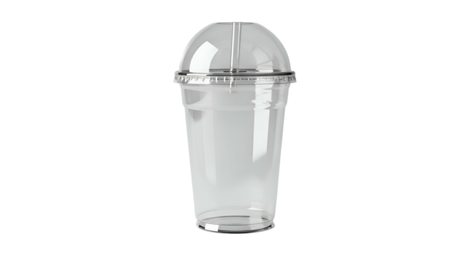 Clear plastic cup with dome lid and straw on a black background