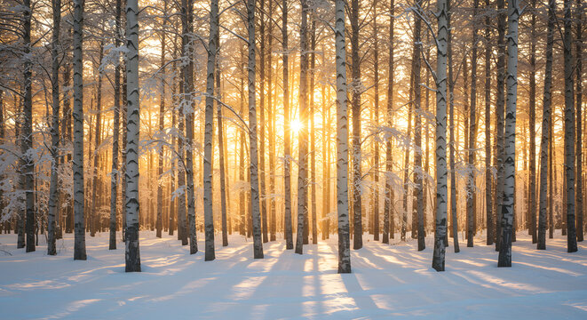 sunset in the forest winter snow