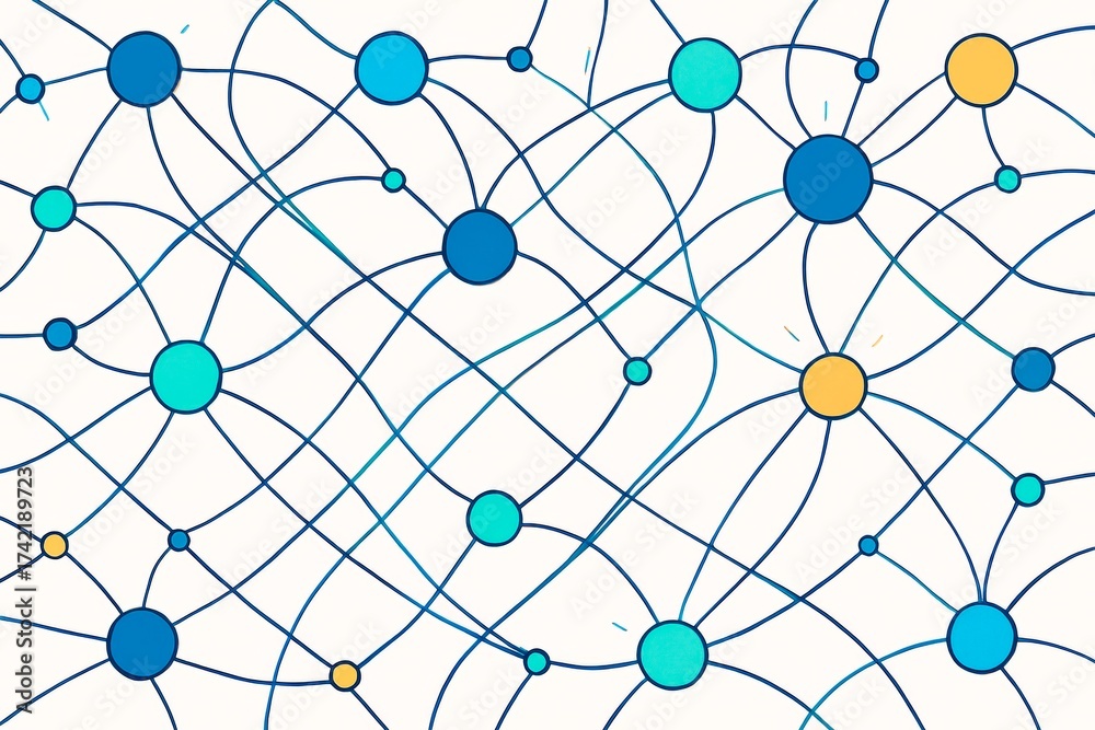 Wall mural abstract network of connected circles in blue and yellow tones on white background, symbolizing crea
