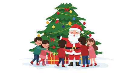Santa with kids around a decorated Christmas tree presents below