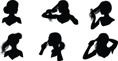 Silhouette of woman brushing and styling hair, beauty routine, self care concept, female grooming, minimalist black vector design illustration