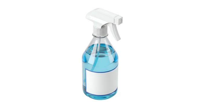 Spray bottle with blue liquid and blank white label in perspective