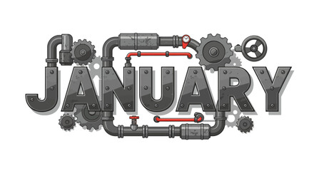JANUARY crafted from industrial pipes and gears presented with a steampunk aesthetic on a white background