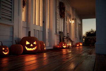 Obraz premium Illuminated jack o lanterns on a porch with white siding and a wooden floor at dusk for halloween night