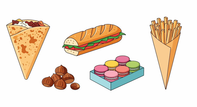 A colorful collection of illustrated classic French street food icons, including a savory cr&ecirc;pe, baguette sandwich, macarons, and frites