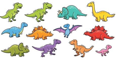 Obraz premium Set of cute and colorful cartoon dinos, isolated on white background
