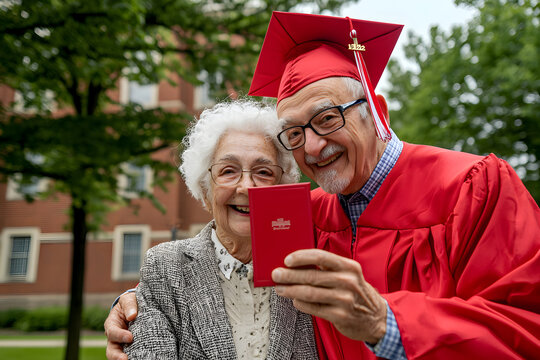 Joyful senior graduate couple taking selfie with diploma. celebration of education and lifelong learning achievement - Powered by Adobe