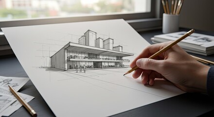 Architect meticulously sketches modern building design on large white paper, capturing innovative urban development vision with pencil in hand, inspiring creativity and professional blueprints
