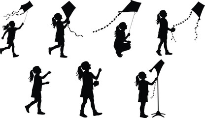 Obraz premium Silhouette of young girl flying and playing with kite, childhood outdoor activity, freedom, happiness, summer fun, minimalist black design