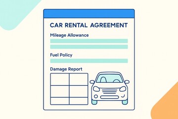 Minimalistic car rental agreement mockup with mileage, fuel policy, and vehicle damage report illustration on clean light background. Ai generative
