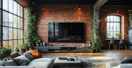 Loft style living room features exposed brick, large windows, plants. Modern furniture creates cozy, inviting space. Warm lighting enhances ambiance.
