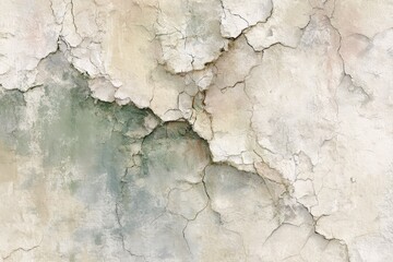 Obraz premium A weathered, cracked exterior wall displays a palette of muted pastels and muted greens, showcasing a textured surface with deep fissures.
