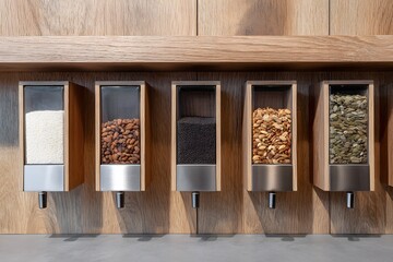 Dispensers filled with rice, beans, seeds, and nuts are on display Generative AI