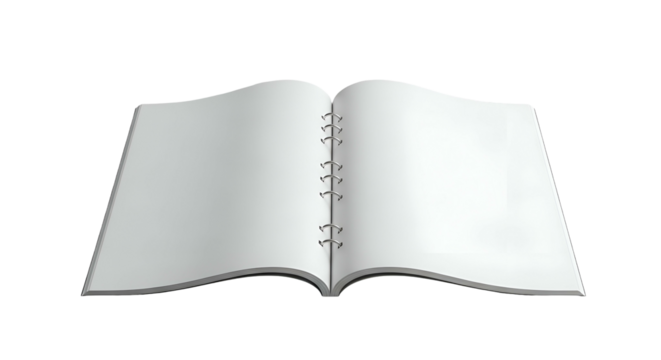 Open, blank, spiral-bound notebook with white pages