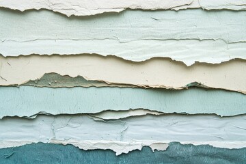 Obraz premium Layered handmade paper sheets, exhibiting a range of muted pastel shades of blue and beige, create an intricate and textured backdrop.