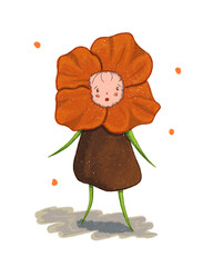 A little girl has an appearance like a poppy flower, with a head illustrated as a petal flower. Illustration designed with a whimsical and enchanting fairytale theme.