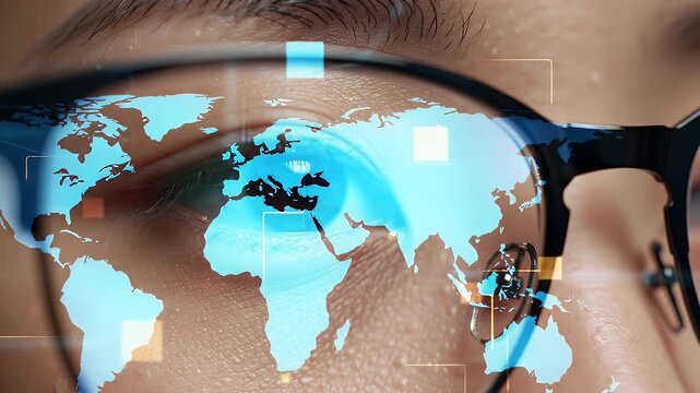 Close Up of Eye Reflecting World Map and Geometric Shapes With Black Frame Glasses