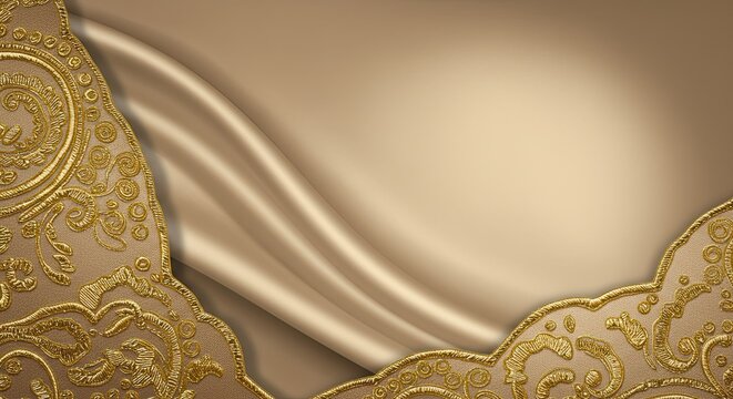 Luxurious gold embroidery frames flowing satin fabric creating an elegant, opulent backdrop for sophisticated designs and premium branding opportunities.