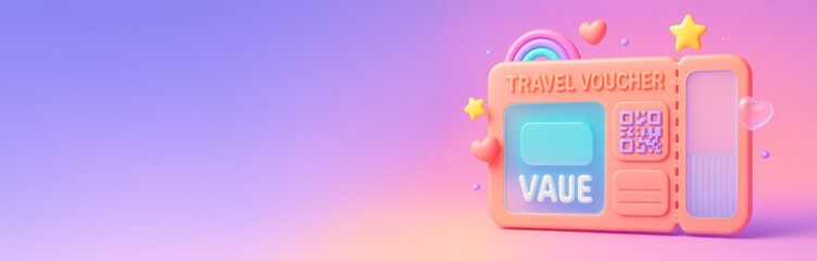 Colorful travel voucher ticket with 3D cartoon elements on pastel gradient background, ideal for creative travel banner or promotional template design. Ai generative