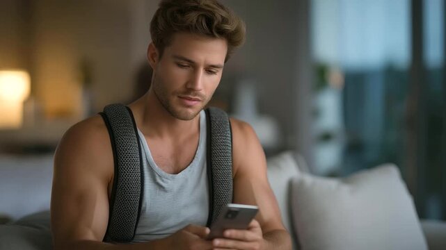 male adult using posture corrector app on phone gentle vibration alert preventive musculoskeletal health modern self care three quarter wide angle cinematic color correction gent