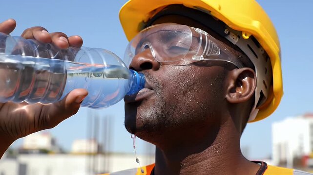 Thirsty Construction Worker Drinks Water on Sunny Day Under Blue Sky