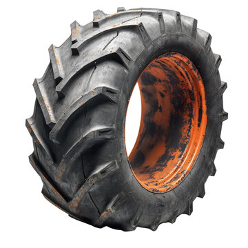 Tractor tire with an orange rim showcasing rugged design on white background
