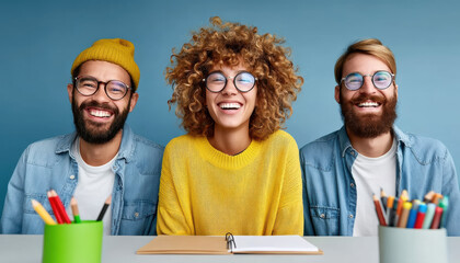 Young creative team business smiling together in casual studio portrait with pencils notebook and colorful clothing