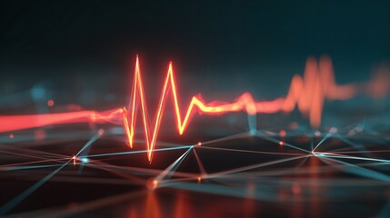 Bright orange heart rate pulse line with connected dots over a dark background, concept for medical technology, data visualization and network analysis research