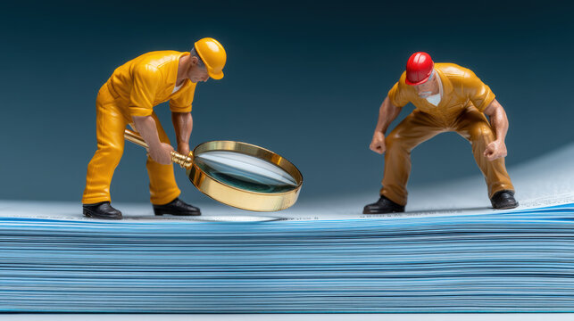 Business inspector examines documents with magnifying glass on stacked paper conveying audit review focus and teamwork