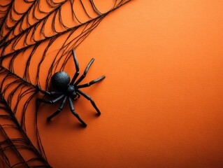 A black spider and a spiderweb on an orange background for halloween themed content and decorations