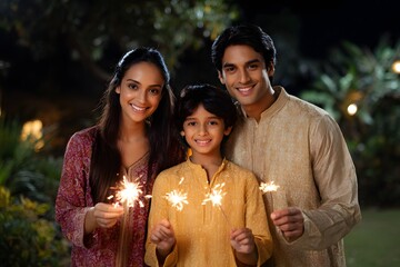 Obraz premium Family enjoys sparklers together during Diwali celebration Generative AI