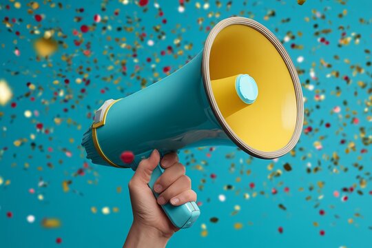 Close up of a hand holding vintage blue and yellow megaphone with confetti falling around it. Concept for product promotion, important announcement and special celebration
