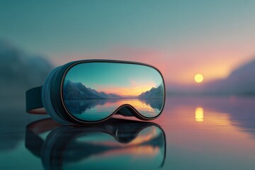 Close-up of VR glasses reflecting serene lake and mountains at sunset, creating immersive virtual experience, concept for gaming innovation, digital tourism, and remote learning applications