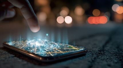 Hand touching interactive city map on smartphone