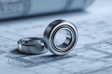Precision metal ball bearings placed on an engineering blueprint surface with a rolled-up drawing in the background, concept for mechanical engineering, design solutions and industrial innovation