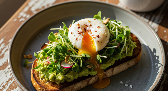 A delicious avocado toast topped with a perfectly poached egg and fresh sprouts, served on a rustic plate. - Powered by Adobe