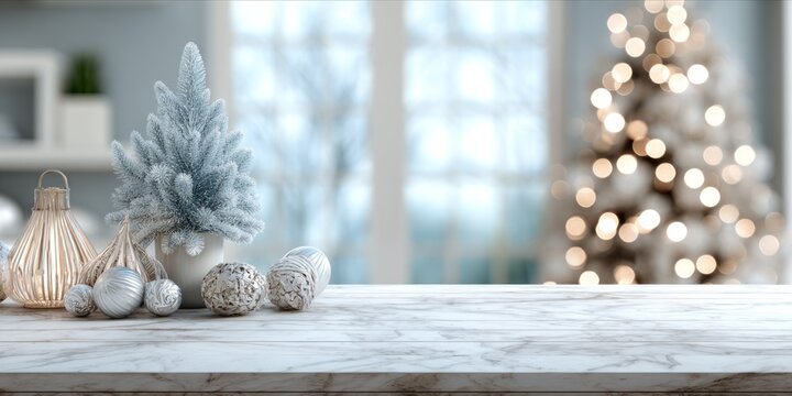 Elegant Christmas arrangement on marble top with a blurred tree in background.