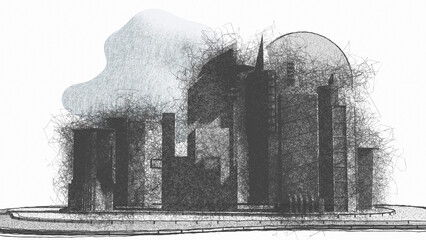 Concept of a town. Pencil style city. Drawing of buildings. Pollution cityscape illustration.