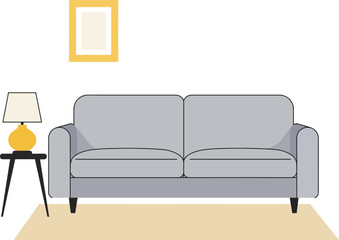 Modern living room scene with gray sofa table lamp and artwork flat design isolated on transparent background