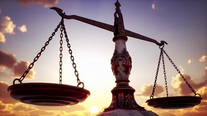 Justice Scale Silhouette with Cloudy Sky and Sunlight Glimmering in Golden Hour Setting a Tone of Impartiality and