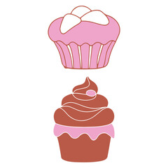 Two delicious cupcakes one pink and one chocolate with frosting and decorations