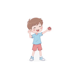 Playful cartoon boy in blue shirt and red shorts happily throwing a small red ball.