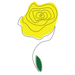 Abstract yellow rose with black outline and green leaf on white background