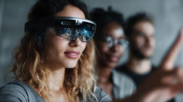 Diverse team of people actively engaging with a futuristic augmented reality interface through advanced headsets exploring digital possibilities